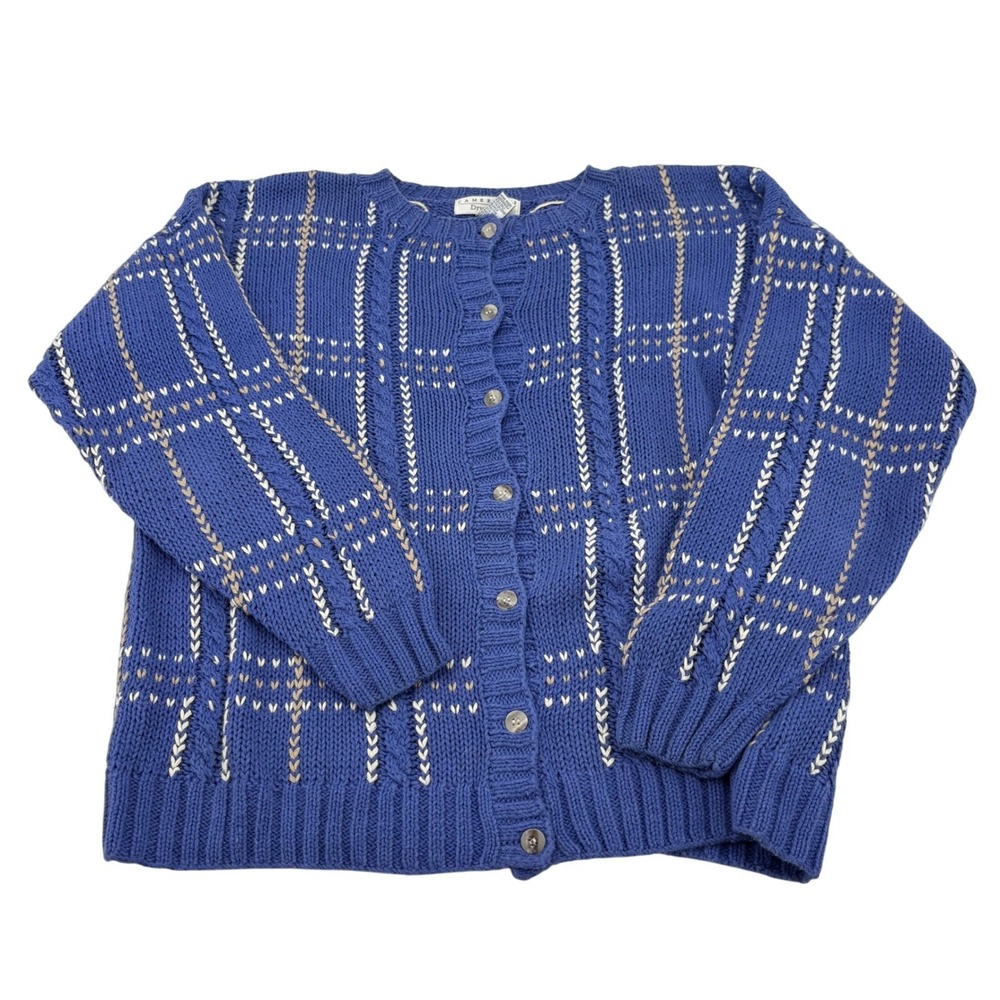 CAMBRIDGE Dry Goods Blue Plaid Cable Knit Button Front Cardigan‎ Sweater M